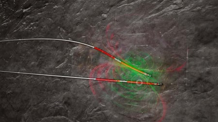 Two bottomhole assemblies drilling underground, with colored magnetic field lines showing magnetic ranging between the tools