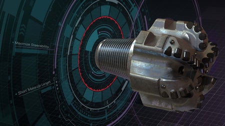 Drill bit render with overlaid 3D data points and elements. 